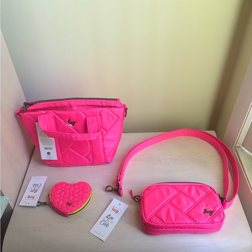 New Lug Pink  Crossbody w/ Tote Handles, & Double Zipper Crossbody & Heart Pouch